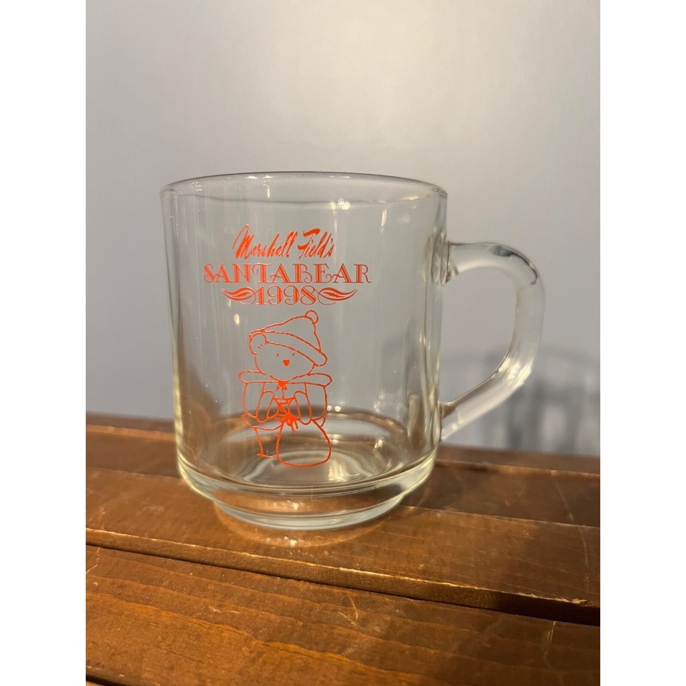 Marshall Fields 1998 Santa Bear Glass Mug Christmas Drinkware Dept Store 1990s